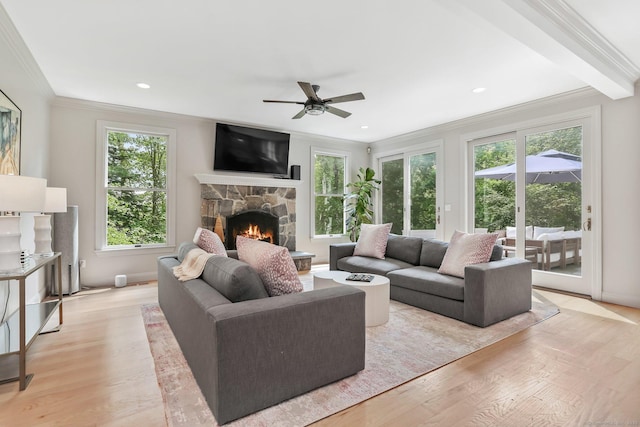 681 Old Stamford Rd, New Canaan, CT 06840 - living room with crown molding, plenty of natural light, a ceiling fan, light wood-style floors, and recessed lighting