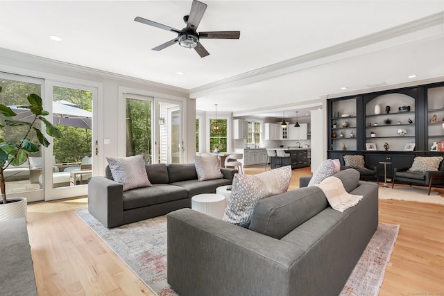 681 Old Stamford Rd, New Canaan, CT 06840 - living area featuring crown molding, a ceiling fan, light wood-style floors, and recessed lighting