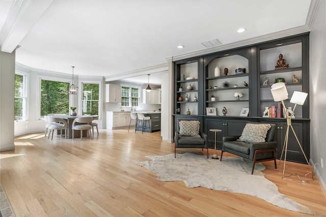 681 Old Stamford Rd, New Canaan, CT 06840 - sitting room featuring light wood finished floors, recessed lighting, and crown molding