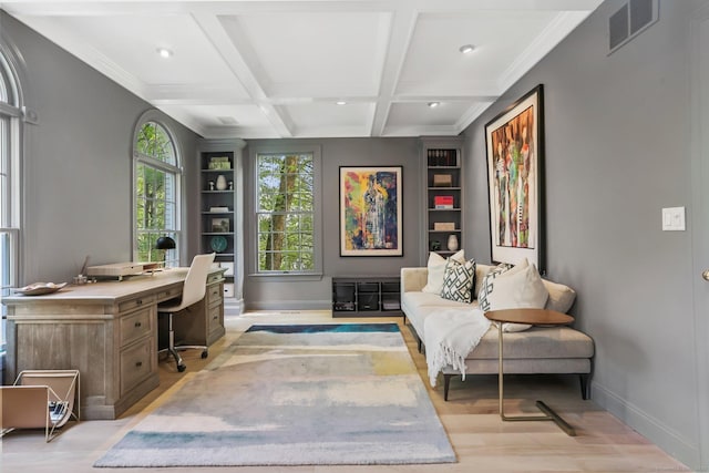 681 Old Stamford Rd, New Canaan, CT 06840 - office with baseboards, light wood finished floors, healthy amount of natural light, recessed lighting, and beamed ceiling