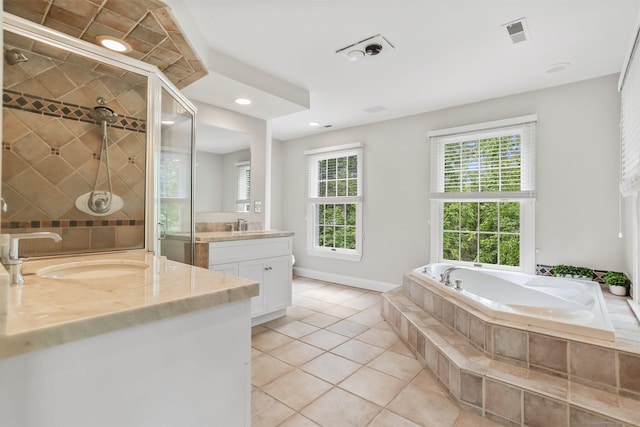 681 Old Stamford Rd, New Canaan, CT 06840 - full bathroom with two vanities, tile patterned flooring, a garden tub, a shower stall, and recessed lighting