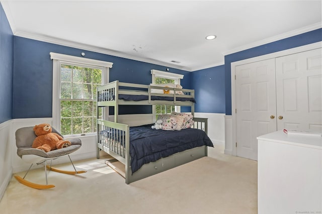 681 Old Stamford Rd, New Canaan, CT 06840 - carpeted bedroom with ornamental molding and a wainscoted wall