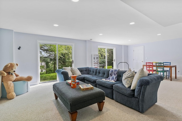 681 Old Stamford Rd, New Canaan, CT 06840 - living area featuring light colored carpet, healthy amount of natural light, and recessed lighting