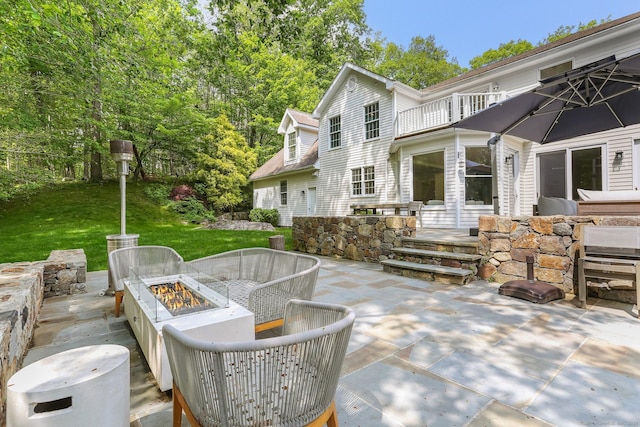 681 Old Stamford Rd, New Canaan, CT 06840 - view of patio / terrace featuring a balcony and a fire pit