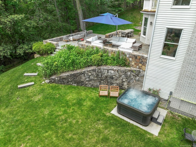 681 Old Stamford Rd, New Canaan, CT 06840 - view of grassy yard with an outdoor hangout area, a hot tub, a balcony, and a patio