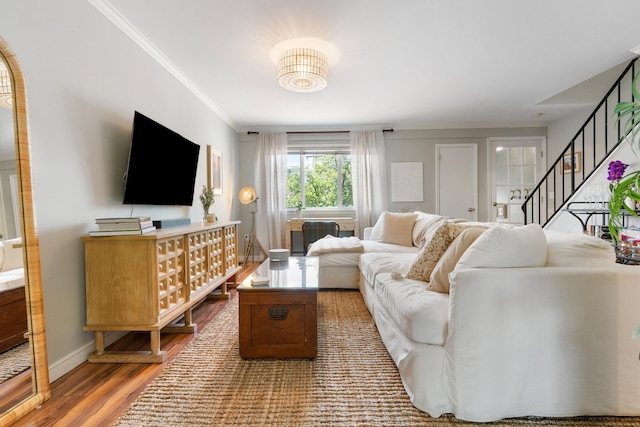 30 Elmcroft Rd Apt 12, Stamford, CT 06902 - living area with wood finished floors, ornamental molding, stairway, and baseboards