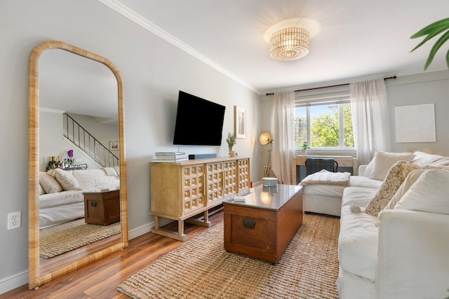 30 Elmcroft Rd Apt 12, Stamford, CT 06902 - living area featuring crown molding, wood finished floors, stairway, and baseboards