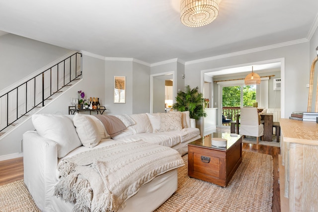 30 Elmcroft Rd Apt 12, Stamford, CT 06902 - living room with light wood-type flooring, crown molding, and stairs