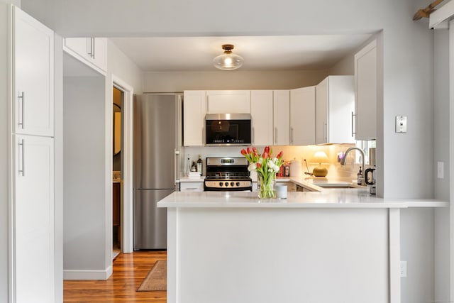 30 Elmcroft Rd Apt 12, Stamford, CT 06902 - kitchen with appliances with stainless steel finishes, a sink, light countertops, a peninsula, and light wood-style flooring