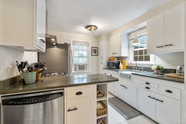 85 5th St, Stamford, CT 06905 - kitchen featuring stainless steel appliances, a sink, dark countertops, white cabinetry, and cooling unit