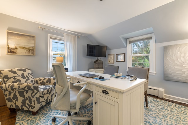 85 5th St, Stamford, CT 06905 - office area featuring lofted ceiling, wood finished floors, a baseboard radiator, and baseboards