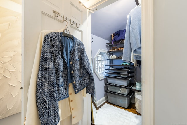 85 5th St, Stamford, CT 06905 - walk in closet featuring lofted ceiling and wood finished floors