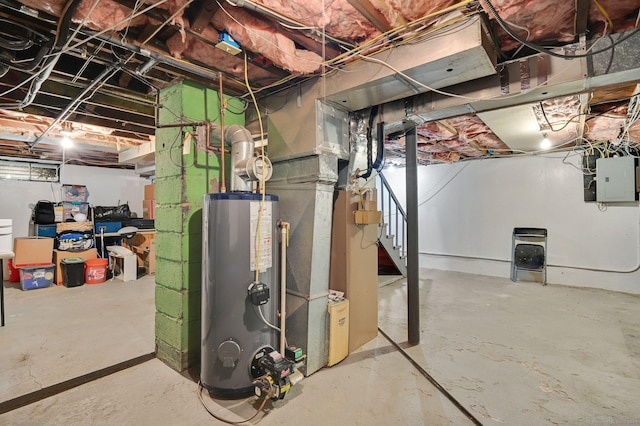 unfinished below grade area featuring water heater, heating unit, electric panel, and stairs