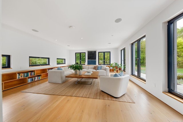 living area featuring light wood-style floors and recessed lighting