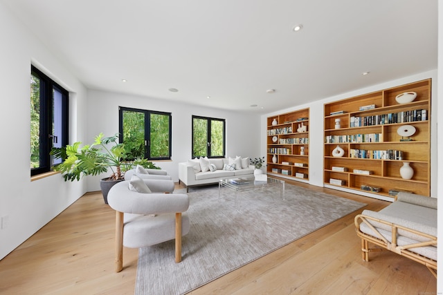 living area featuring light wood-style flooring and recessed lighting
