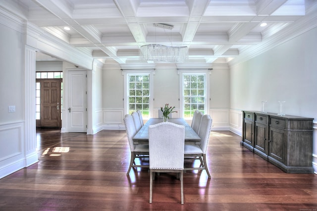 88 Merry Meet Cir, Fairfield, CT 06824 - dining space with crown molding, beamed ceiling, coffered ceiling, and dark wood-style flooring