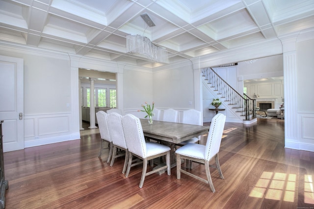 88 Merry Meet Cir, Fairfield, CT 06824 - dining room featuring a decorative wall, ornate columns, wood finished floors, coffered ceiling, and stairway