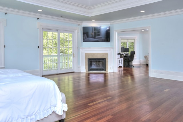 88 Merry Meet Cir, Fairfield, CT 06824 - bedroom featuring access to exterior, crown molding, wood finished floors, an office area, and a high end fireplace
