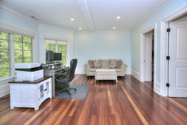 88 Merry Meet Cir, Fairfield, CT 06824 - office area featuring dark wood finished floors, ornamental molding, recessed lighting, and baseboards