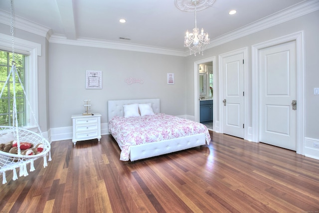 88 Merry Meet Cir, Fairfield, CT 06824 - bedroom featuring a chandelier, dark wood-style flooring, baseboards, recessed lighting, and crown molding