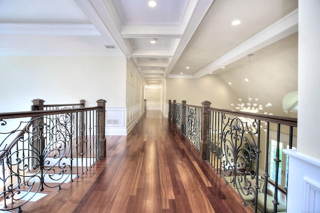 88 Merry Meet Cir, Fairfield, CT 06824 - corridor with a chandelier, beamed ceiling, wood finished floors, ornamental molding, and recessed lighting