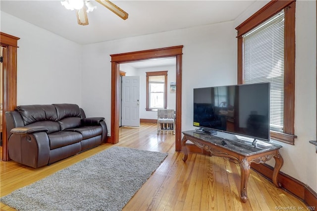 19 5th St, Ansonia, CT 06401 - living room featuring hardwood / wood-style floors, a ceiling fan, and baseboards