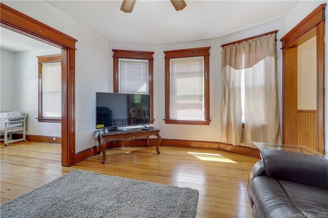 19 5th St, Ansonia, CT 06401 - living area featuring light wood-style flooring, a ceiling fan, and baseboards