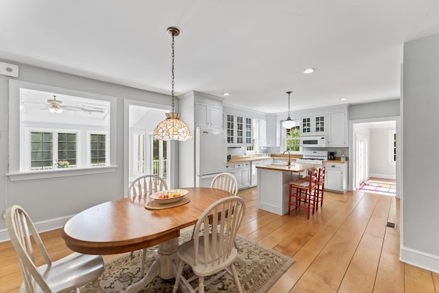 1 Dover Cir, Newtown, CT 06470 - dining room featuring light wood-type flooring, baseboards, a ceiling fan, and recessed lighting