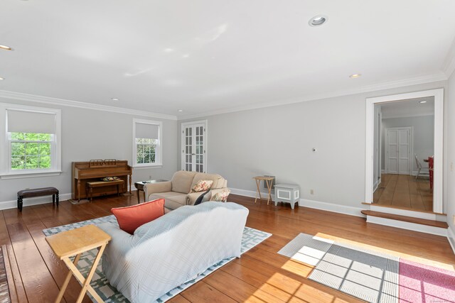 1 Dover Cir, Newtown, CT 06470 - living area with wood-type flooring, ornamental molding, baseboards, and recessed lighting