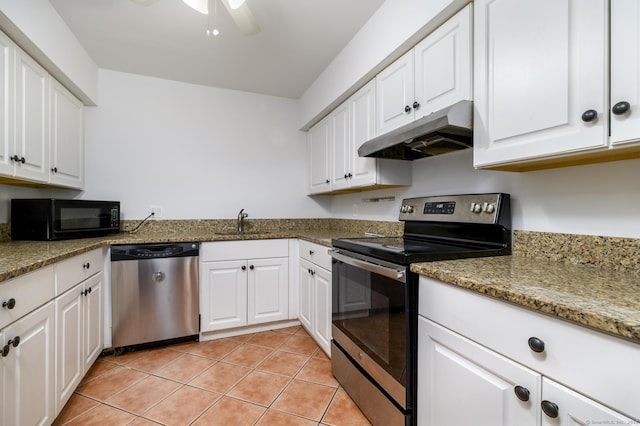 37 Greenwich Ave Apt 1-2, Stamford, CT 06902 - kitchen featuring appliances with stainless steel finishes, under cabinet range hood, a sink, white cabinets, and ceiling fan