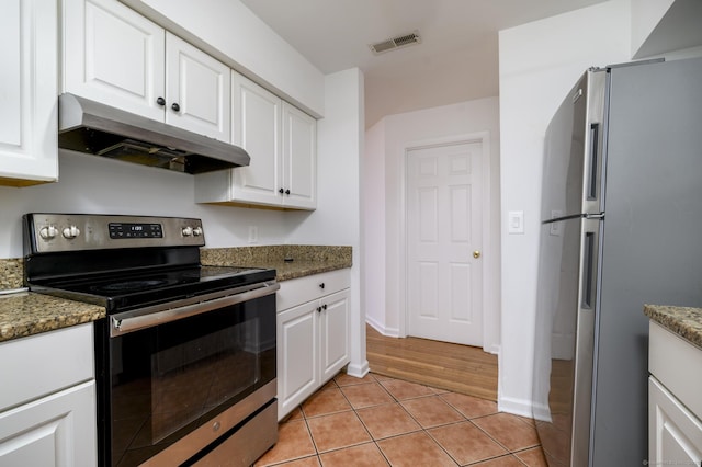 37 Greenwich Ave Apt 1-2, Stamford, CT 06902 - kitchen featuring appliances with stainless steel finishes, under cabinet range hood, white cabinetry, baseboards, and light tile patterned flooring