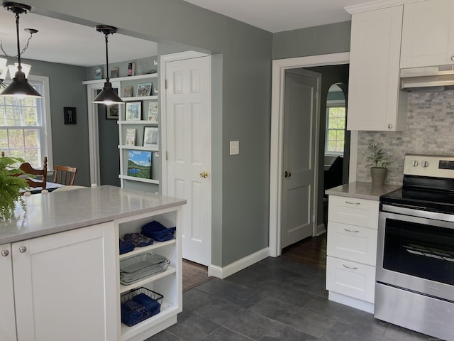 59 Overlook Dr, Manchester, CT 06042 - kitchen with electric range, under cabinet range hood, open shelves, tasteful backsplash, and white cabinets