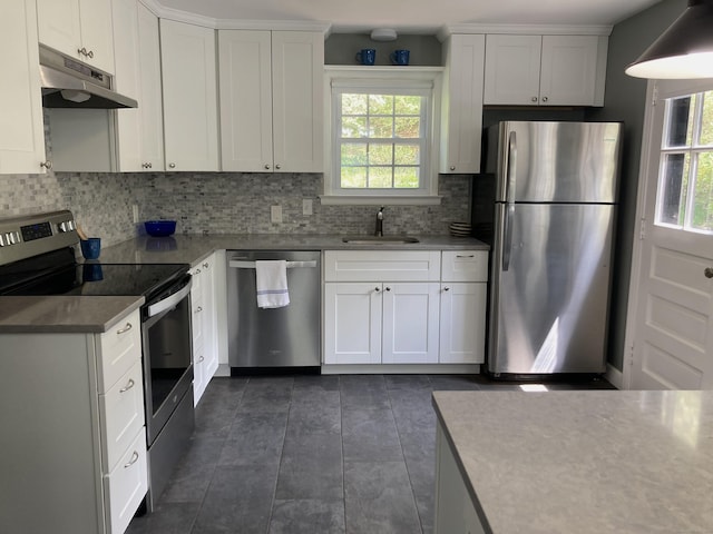 59 Overlook Dr, Manchester, CT 06042 - kitchen with appliances with stainless steel finishes, under cabinet range hood, a sink, decorative backsplash, and white cabinets