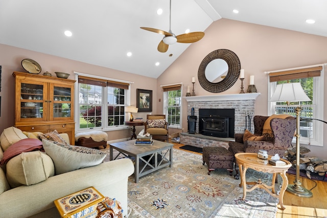 9 Benham Hill Pl, Hamden, CT 06514 - living room with a ceiling fan, high vaulted ceiling, wood finished floors, recessed lighting, and a fireplace