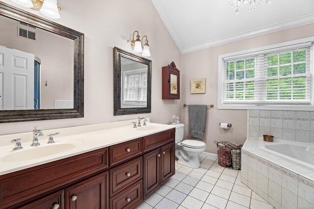 9 Benham Hill Pl, Hamden, CT 06514 - bathroom featuring ornamental molding, toilet, tile patterned flooring, a bath, and double vanity