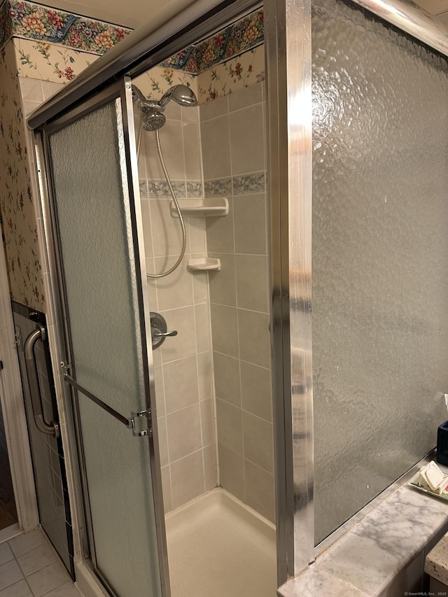 119 Chambers St, Manchester, CT 06042 - bathroom with a shower stall, tile patterned flooring, and wallpapered walls