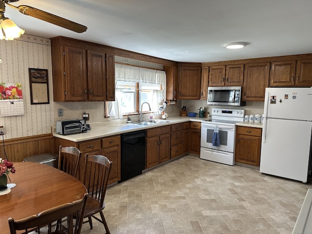 119 Chambers St, Manchester, CT 06042 - kitchen with white appliances, a sink, wallpapered walls, light countertops, and ceiling fan