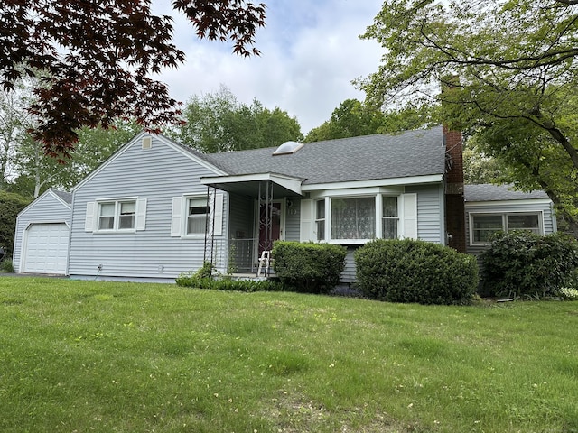 119 Chambers St, Manchester, CT 06042 - view of front of home featuring a chimney, a front lawn, a garage, and roof with shingles