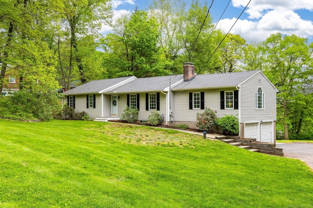 50 Valley View Dr, Farmington, CT 06032 - single story home with a chimney, an attached garage, driveway, a front yard, and a shingled roof