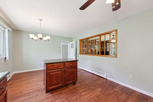 11 Jamestown Rd, Hamden, CT 06518 - kitchen with baseboard heating, a ceiling fan, dark wood finished floors, a chandelier, and baseboards