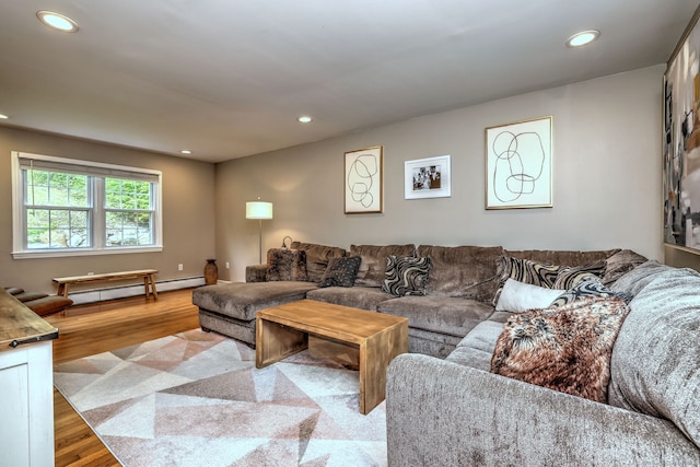220 Northwood Dr, Guilford, CT 06437 - living area featuring a baseboard radiator, wood finished floors, and recessed lighting