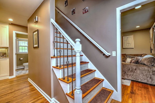 220 Northwood Dr, Guilford, CT 06437 - stairs with wood-type flooring, baseboards, and recessed lighting