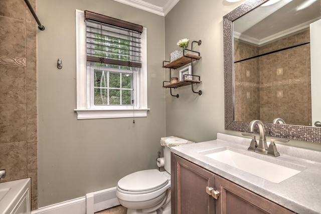 220 Northwood Dr, Guilford, CT 06437 - full bath featuring crown molding, vanity, toilet, baseboard heating, and bathing tub / shower combination