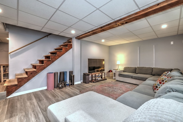 220 Northwood Dr, Guilford, CT 06437 - living room featuring wood finished floors, stairs, recessed lighting, baseboards, and a drop ceiling