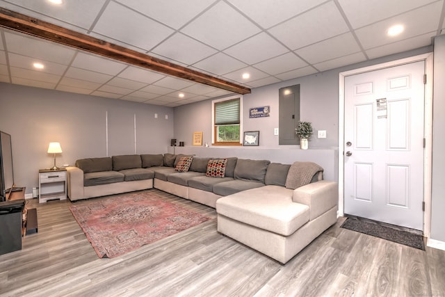 220 Northwood Dr, Guilford, CT 06437 - living room featuring a drop ceiling, wood finished floors, recessed lighting, and electric panel