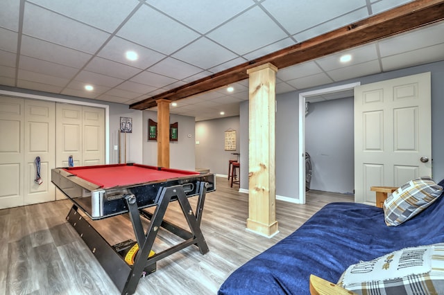 220 Northwood Dr, Guilford, CT 06437 - game room with billiards, ornate columns, light wood-style flooring, a drop ceiling, and recessed lighting