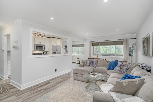living area with light wood-style floors, crown molding, baseboards, recessed lighting, and baseboard heating
