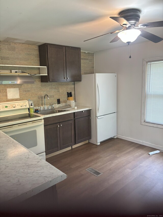 74 Cisar Rd, Willington, CT 06279 - kitchen featuring white appliances, a sink, a ceiling fan, and dark brown cabinets