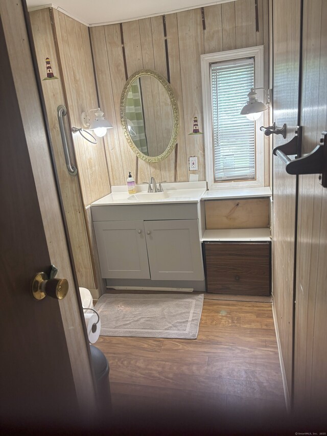 74 Cisar Rd, Willington, CT 06279 - bathroom featuring vanity, wood finished floors, and wood walls