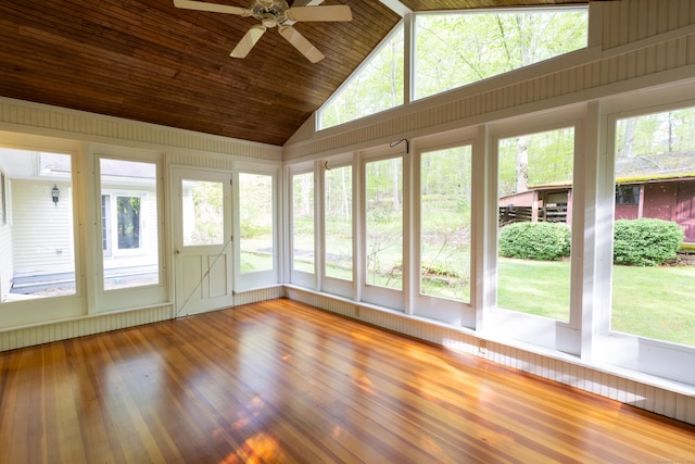 138 White Birch Dr, Guilford, CT 06437 - unfurnished sunroom with ceiling fan, high vaulted ceiling, plenty of natural light, wood ceiling, and wood finished floors
